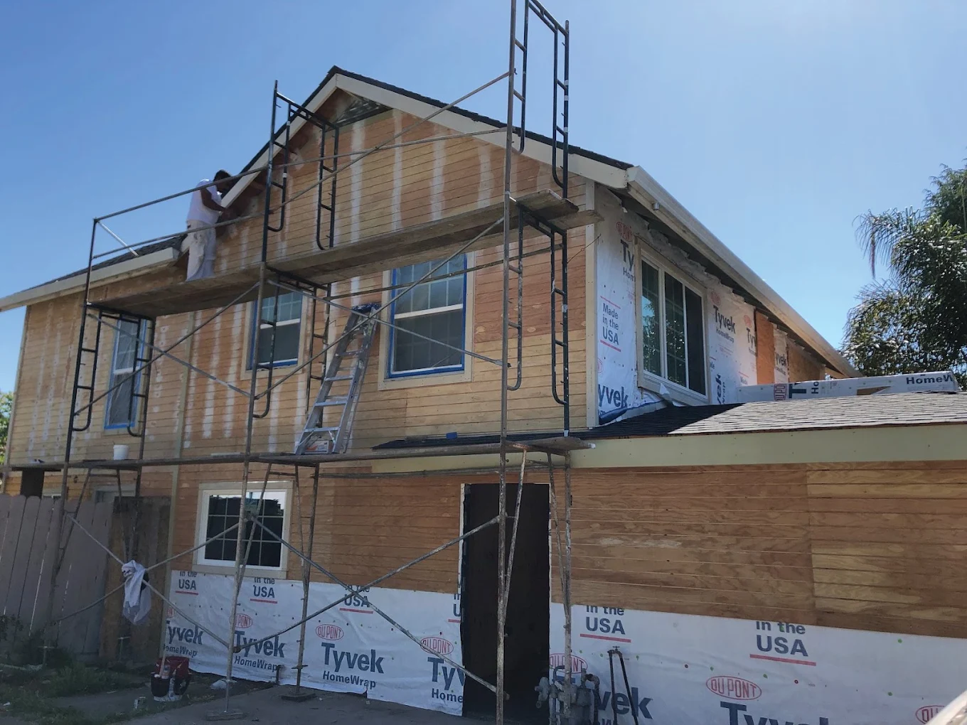 Full home remodel under construction, framing and Tyvek wrap, San Mateo